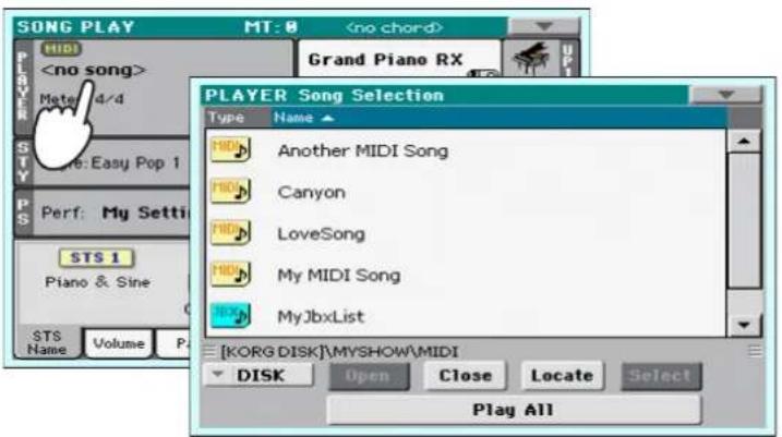 SONG PLAY MT: 0 Grand Piano RX PLAYER Song Selection Type Name ▲ HIDI Another MIDI Song HIDI Canyon HIDI LoveSong HIDI My MIDI Song HOLD MyJbxList STS 1 Piano & Sine STS Volume P DISK Open Close Locate Select Play All