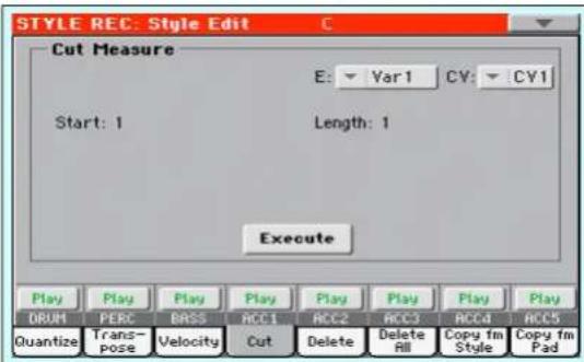STYLE REC: Style Edit Cut Measure E: Var1 CV: CY1 Start: 1 Length: 1 Execute Play Play Play Play Play Play Play Play DRUM PERC BASS RCC1 ACC2 ACC3 ACC4 ACC5 Quantize Trans- pose Velocity Cut Delete Delete All Copy fm Copy fm Style Copy fm Style Pad