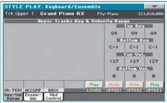 STYLE PLAY: Keyboard/Ensemble Trk:Upper 1 Grand Piano RX Fty-Piano 121.010.000 Upper Tracks Key & Velocity Range Top Key G9 G9 G9 Bottom Key C-1 C-1 C-1 Top Vel. 127 127 127 Bottom Vel. 0 0 0 Play Note Note Play OR/PERC ACCOMP BASS LOWER UPPER3 UPPER2 UPPER1 Key-Vel Ensem- Kbd Range ble Control