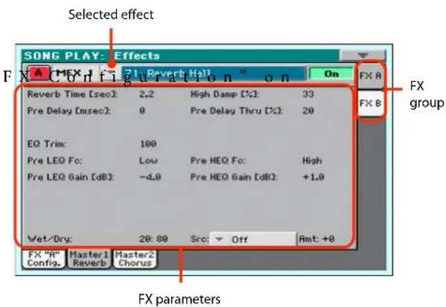 Selected effect SONG PLAY: Effects FX Configuration "On" On Reverb Time [sec]: 2.2 High Damp [%]: 33 Pre Delay [msec]: 0 Pre Delay Thru [%]: 28 EQ Trim: 100 Pre LEO Fo: Low Pre HEQ Fo: High Pre LEO Gain [dB]: -4.0 Pre HEQ Gain [dB]: +1.0 Wet/Dry: 28:30 Src: Off Rmt: +9 FX "A" Master1 Master2 Config. Reverb Chorus FX group FX parameters