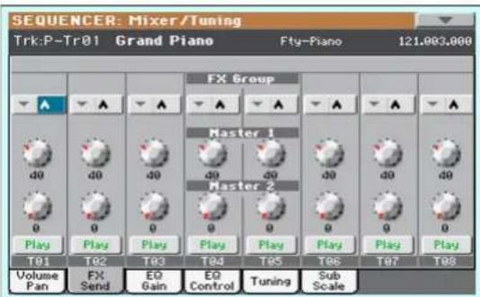 SEQUENCER: Mixer/Tuning Trk:P-Tr01 Grand Piano Fty-Piano 121.003.000 FX Group Master 1 Master 2 Play Play Play Play Play Play Play T01 T02 T03 T04 T05 T06 T07 T08 Volume Pan FX Send EQ Gain EQ Control Tuning Sub Scale