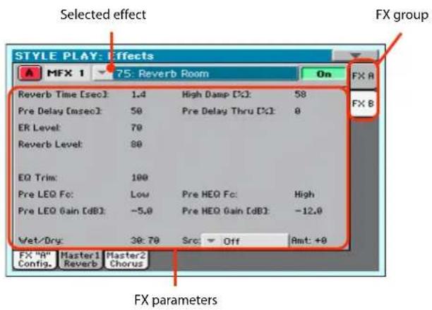 Selected effect FX group STYLE PLAY: Effects A MFX 1 75: Reverb Room On FX A Reverb Time [sec]: 1.4 High Damp [%]: 58 Pre Delay [msec]: 50 Pre Delay Thru [%]: 0 ER Level: 70 Reverb Level: 80 EQ Trim: 100 Pre LEQ Fc: Low Pre HEQ Fc: High Pre LEQ Gain [dB]: -5.0 Pre HEQ Gain [dB]: -12.0 Wet/Dry: 30:70 Src: Off Amt: +0 FX "R" Master1 Master2 Config. Reverb Chorus FX parameters