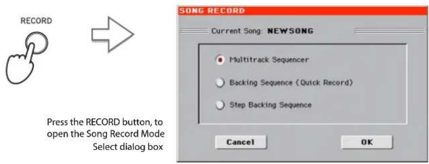 RECORD Press the RECORD button, to open the Song Record Mode Select dialog box SONG RECORD Current Song: NEWSONG • Multitrack Sequencer • Backing Sequence (Quick Record) • Step Backing Sequence Cancel OK