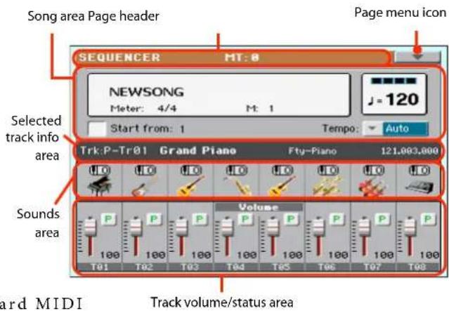 Song area Page header Page menu icon SEQUENCER MT: 0 NEWSONG Meter: 4/4 M: 1 J=120 Start from: 1 Tempo: Auto Selected track info area Trk:P-Tr01 Grand Piano Fty-Piano 121,003,000 Sounds area Volume 100 P P P P P P P P T01 T02 T03 T04 T05 T06 T07 T08 Track volume/status area ard MIDI