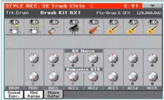 STYLE REC: SE Track Ctrls C E: V1 Trk:Drum Brush Kit RX1 Fty-Drum & SFX 120,000,042 HO HO HO HO HO HO HO RX Noise Humanize STR DRUM PERC BASS ACC1 ACC2 ACC3 ACC4 ACC5 Sound Kbd Noise Expr. Range Guitar