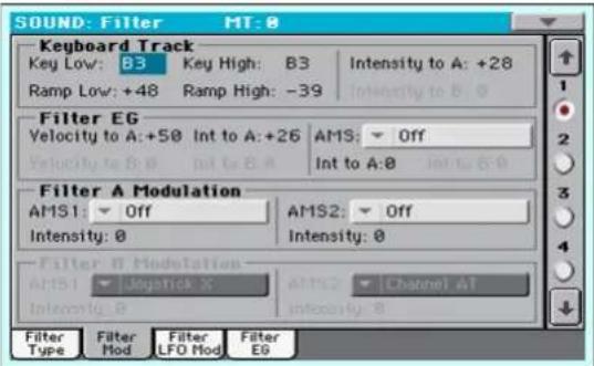 SOUND: Filter MT: 0 Keyboard Track Key Low: B3 Key High: B3 Intensity to A: +28 Ramp Low: +48 Ramp High: -39 Intensity to B: 0 Filter EG Velocity to A: +50 Int to A: +26 AMS: Off Velocity to B: 0 int to B: 0 Int to A: 0 int to B: 0 Filter A Modulation AMS1: Off AMS2: Off Intensity: 0 Intensity: 0 Filter B Modulation AMS1: Joystick X Alms2 Channel AT Intensity: 0 Intensity: 0 Filter Filter Filter Filter Type Mod LFO Mod E6