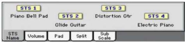 STS 1 Piano Bell Pad STS 2 Glide Guitar STS 3 Distortion Gtr STS 4 Electric Piano STS Name Volume Pad Split Sub Scale