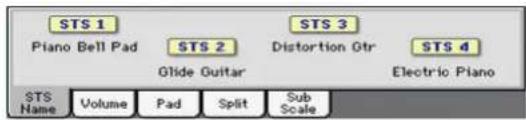 STS 1 Piano Bell Pad STS 2 Glide Guitar STS 3 Distortion Gtr STS 4 Electric Piano STS Name Volume Pad Split Sub Scale