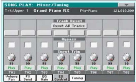 SONG PLAY: Mixer/Tuning Trk:Upper 1 Grand Piano RX Fty-Piano 121.019.000 Track Reset Reset All Tracks Bypass Input Trim 99 99 99 99 99 99 99 Play Play Play Play Play Play Play Play T81 T82 T83 T84 T85 T86 T87 T88 Volume Pan FX Send EQ Gain EQ Control Tuning