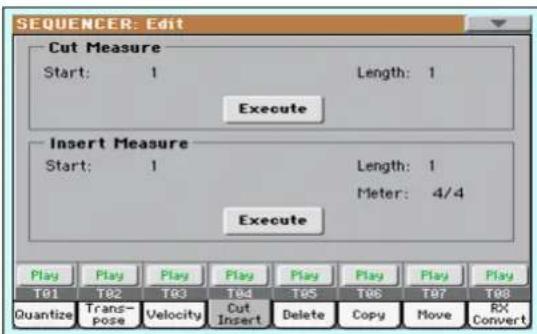 SEQUENCER: Edit Cut Measure Start: 1 Length: 1 Execute Insert Measure Start: 1 Length: 1 Meter: 4/4 Execute Play Play Play Play Play Play Play T01 T02 T03 T04 T05 T06 T07 T08 Quantize Trans- Velocity Cut Insert Delete Copy Move RX pose Convert