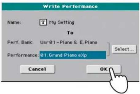Write Performance Name: My Setting To Perf. Bank: Usr01-Piano & E.Piano Performance: 01:Grand Piano eXp Select... Cancel OK