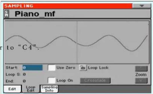 SAMPLING Piano_mf to "C4". Start: 0 Use Zero Loop Lock Loop S: 0 Zoom End: 0 Loop On Crosslock V Edit Loop Sampling Info