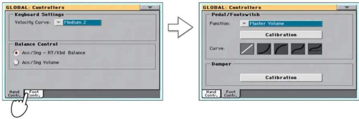 GLOBAL: Controllers Keyboard Settings Velocity Curve: Medium 2 Balance Control Acc/Sng - RT/Kbd Balance Acc/Sng Volume Hand Contr. Foot Contr. GLOBAL: Controllers Pedal/Footswitch Function: Master Volume Calibration Curve: Damper Calibration Hand Contr. Foot Contr.
