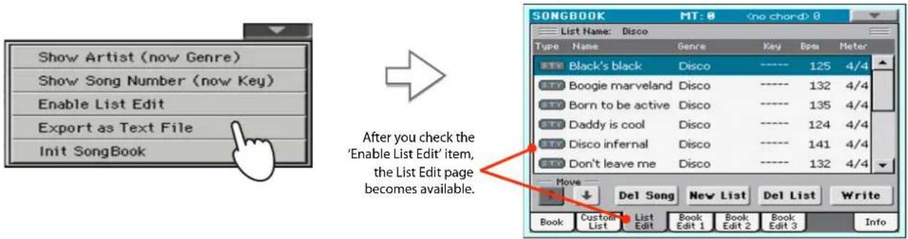 Show Artist (now Genre) Show Song Number (now Key) Enable List Edit Export as Text File Init SongBook After you check the 'Enable List Edit' item, the List Edit page becomes available. SONGBOOK MT: 0 0 List Name: Disco Type Name Genre Key Bpm Meter Black's black Disco ---- 125 4/4 Boogie marveland Disco ---- 132 4/4 Born to be active Disco ---- 135 4/4 Daddy is cool Disco ---- 124 4/4 Disco infernal Disco ---- 141 4/4 Don't leave me Disco ---- 132 4/4 Move Del Song New List Del List Write Book Custom List Edit Book Edit 1 Book Edit 2 Book Edit 3 Info