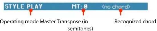 STYLE PLAY MT: 0 Operating mode Master Transpose (in semitones) Recognized chord