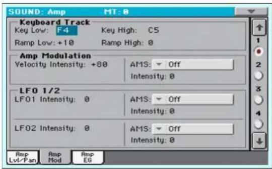 SOUND: Amp MT: 0 Keyboard Track Key Low: F4 Key High: C5 Ramp Low: +10 Ramp High: 0 Amp Modulation Velocity Intensity: +80 AMS: Off Intensity: 0 LF0 1/2 LF01 Intensity: 0 AMS: Off Intensity: 0 LF02 Intensity: 0 AMS: Off Intensity: 0 Amp Amp Amp Lvl/Pan Mod ES