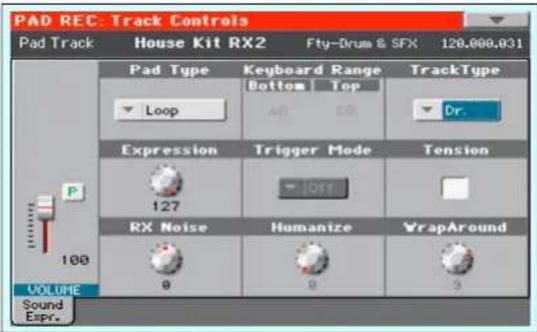 PAD REC: Track Controls Pad Track House Kit RX2 Fty-Drum & SFX 128.000.031 Pad Type Keyboard Range TrackType Bottom Top Loop A0 C0 Dr. Expression Trigger Mode Tension 127 Off RX Noise Humanize WrapAround 0 0 3 VOLUME Sound Exp.
