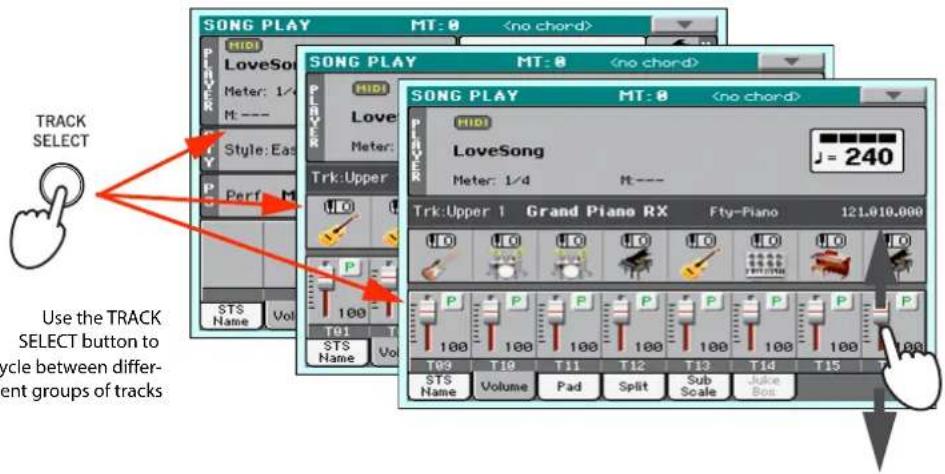TRACK SELECT Use the TRACK SELECT button to cycle between different groups of tracks STKS Name Vol SONG PLAY MT: 0 HIDI LoveSong MT: 0 Miter: 1/4 M: --- Style: Eas P Perf M Trk:Upper HIDI Love Meter: M Trk:Upper 1 Grand Piano RX Fty-Piano 121.010.000 J = 240 STKS Name Vol STKS Name Vol STKS Name Volume Pad Split Sub Scale Juke Box