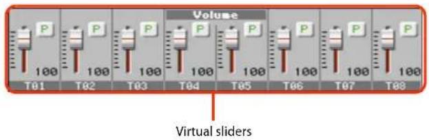Volume P P P P P P P 100 100 100 100 100 100 100 T01 T02 T03 T04 T05 T06 T07 T08 Virtual sliders