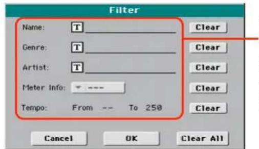 Filter Name: T Genre: T Artist: T Meter Info: --- Tempo: From -- To 250 Clear Clear Clear Clear Clear Clear Cancel OK Clear All