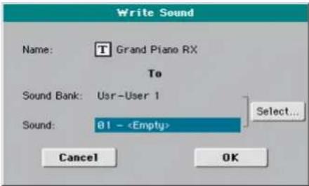 Write Sound Name: Grand Piano RX To Sound Bank: Usr-User 1 Sound: 01 - Select... Cancel OK