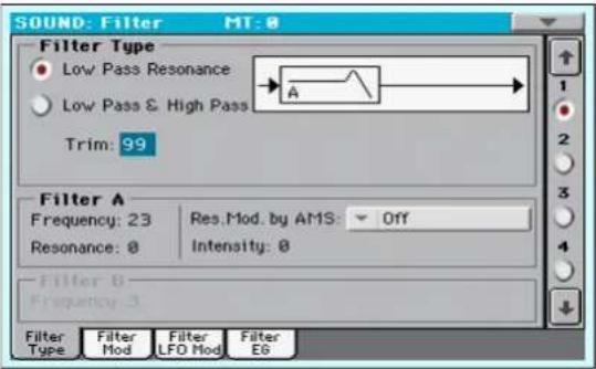 SOUND: Filter MT: 0 Filter Type Low Pass Resonance Low Pass & High Pass Trim: 99 Filter A Frequency: 23 Res.Mod. by AMS: Off Resonance: 0 Intensity: 0 Filter B Frequency 3 Filter Filter Filter Filter Type Mod LFO Mod EG