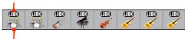 Row of musical instrument icons including drum, keyboard, guitar, and string instruments