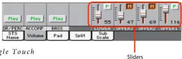 Play Play Play DR/PERC ACCOMP BASS LOWER UPPER1 STS Volume Pad Split Sub Scale Sliders P 55 47 69 116 H P UPPER2 UPPER1 Single Touch