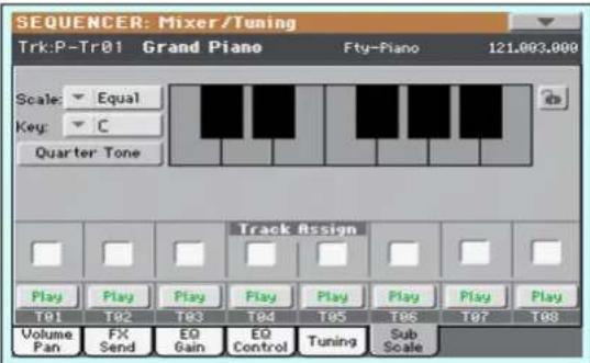 SEQUENCER: Mixer/Tuning Trk:P-Tr81 Grand Piano Fty-Piano 121,003,000 Scale: Equal Key: C Quarter Tone Track Assign Play Play Play Play Play Play Play Play T81 T92 T93 T94 T95 T86 T87 T88 Volume FX EQ EQ Control Tuning Sub Pan Send Gain Control Scale