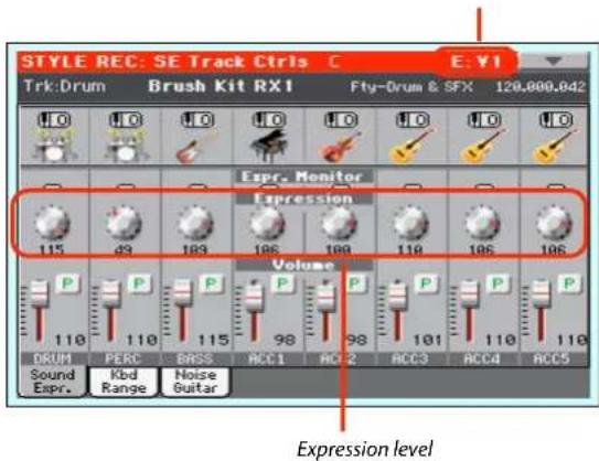 STYLE REC: SE Track Ctrls C E: Y1 Trk:Drum Brush Kit RX1 Fty-Drum & SFX 120,000,042 Estr. Monitor Expression Volume DRUM PERC BRSS ACC1 ACC2 ACC3 ACC4 ACC5 Sound Kbd Noise Expr. Range Guitar Expression level