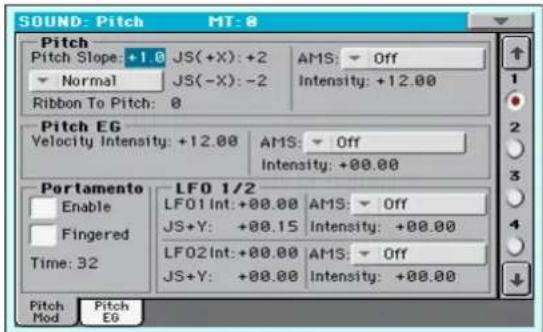 SOUND: Pitch MT: 0 Pitch Pitch Slope: +1.0 JS(+X): +2 AMS: Off Normal JS(-X): -2 Intensity: +12.00 Ribbon To Pitch: 0 Pitch EG Velocity Intensity: +12.00 AMS: Off Intensity: +00.00 Portamento Enable LF0 1/2 Fingered LF01 Int: +00.00 AMS: Off JS+Y: +00.15 Intensity: +00.00 Time: 32 LF02 Int: +00.00 AMS: Off JS+Y: +00.00 Intensity: +00.00 Pitch Mod Pitch E6