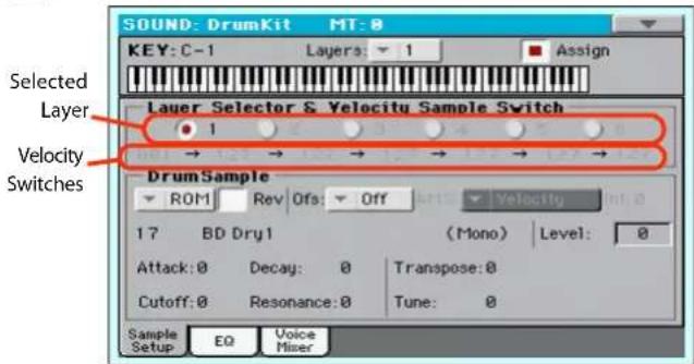 SOUND: DrumKit MT: 0 KEY: C-1 Layers: 1 Assign Selected Layer Velocity Switches Lauer Selector & Velocity Sample Switch 1 → → → → DrumSample ROM Rev Ofs: Off Velocity 17 BD Dry1 (Mono) Level: 0 Attack: 0 Decay: 0 Transpose: 0 Cutoff: 0 Resonance: 0 Tune: 0 Sample Setup EQ Voice Mixer