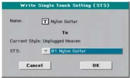 Write Single Touch Setting (STS) Name: Nylon Guitar To Current Style: Unplugged Heaven STS: 81 Nylon Guitar Cancel OK