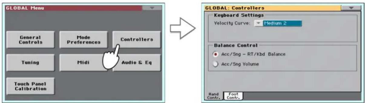 GLOBAL Menu General Controls Mode Preferences Controllers Tuning Midi Audio & Eq Touch Panel Calibration GLOBAL: Controllers Keyboard Settings Velocity Curve: Medium 2 Balance Control Acc/Sng - RT/Kbd Balance Acc/Sng Volume Hand Contr. Foot Contr.