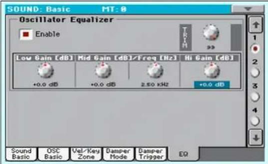 SOUND: Basic MT: 0 Oscillator Equalizer ■ Enable Low Gain [dB] Mid Gain [dB]/Freq [Hz] Hi Gain [dB] +0.0 dB +0.0 dB 2.50 kHz +0.0 dB Sound Basic OSC Basic Vel/Key Zone Damper Mode Damper Trigger EQ