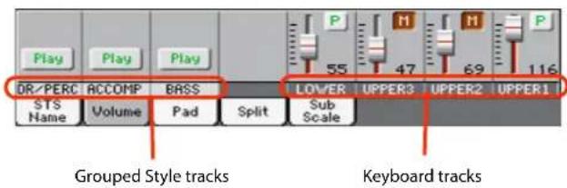 Play Play Play DR/PERC RCCOMP BASS STS Volume Pad Split Sub Scale LOWER UPPER3 47 H 69 H P P 116 Grouped Style tracks Keyboard tracks