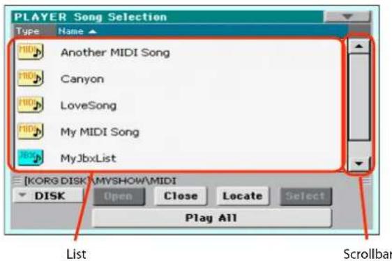 PLAYER Song Selection Type Name HIDI Another MIDI Song HIDI Canyon HIDI LoveSong HIDI My MIDI Song MyJbxList KORG DISK MYSHOW\MIDI DISK Open Close Locate Select Play All List Scrollbar