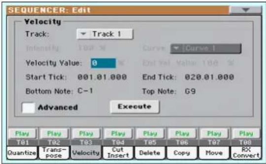 SEQUENCER: Edit Velocity Track: Track 1 Intensity 100 % Curve [Curve 1] Velocity Value: 0 End Yet Value: 100 % Start Tick: 001.01.000 End Tick: 020.01.000 Bottom Note: C-1 Top Note: G9 Advanced Execute Play Play Play Play Play Play Play T81 T82 T83 T84 T85 T86 T87 T88 Quantize Trans- pose Velocity Cut Insert Delete Copy Move RX Convert