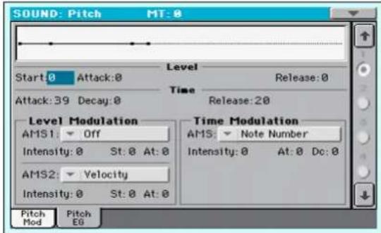 SOUND: Pitch MT:0 Start:0 Attack:0 Level Release:0 Attack:39 Decay:0 Time Release:20 Level Modulation AMS1: Off Intensity: 0 St: 0 At: 0 AMS2: Velocity Intensity: 0 St: 0 At: 0 Pitch Pitch Mod E6 Time Modulation AMS: Note Number Intensity: 0 At: 0 Dc: 0