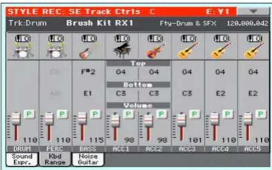 STYLE REC: SE Track Ctrls C E:Y1 Trk:Drum Brush Kit RX1 Fty-Drum & SFX 120.000.042 Top F*2 G4 G4 G4 G4 G4 Bottom E1 C3 C3 C3 E2 E2 Volume P P P P P P P 110 110 115 98 98 101 110 110 DRUM PERC BASS RCC1 RCC2 ACC3 ACC4 ACC5 Sound Kbd Noise Expr. Range Guitar