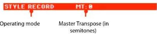 STYLE RECORD MT: 0 Operating mode Master Transpose (in semitones)