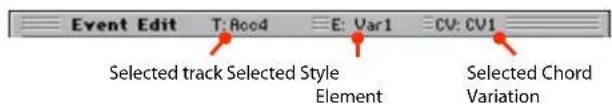 Event Edit T: Aood E: Var1 CV: CV1 Selected track Selected Style Element Selected Chord Variation