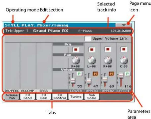 Operating mode Edit section Selected track info Page menu icon STYLE PLAY: Mixer/Tuning Trk:Upper 1 Grand Piano RX F-Piano 121.010.000 Upper Volume Link Dry Pan R+06 L-06 R+06 C 00 Volume P H H P 55 47 69 116 DR/PERC ACCOMP BASS LOWER UPPERS UPPER2 UPPER1 Volume Pan FX Send EQ Gain EQ Control Tuning Sub Scale Tabs Parameters area