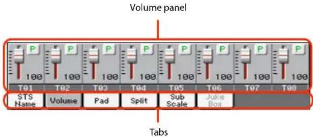 Volume panel T01 T02 T03 T04 T05 T06 T07 T08 STS Name Volume Pad Split Sub Scale Juke Boat Tabs