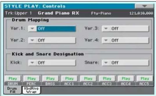 STYLE PLAY: Controls Trk:Upper 1 Grand Piano RX Fty-Piano 121.010.000 Drum Mapping Var.1: Off Var.3: Off Var.2: Off Var.4: Off Kick and Snare Designation Kick: Off Snare: Off Play Play Play Play Play Play Play Play DRUM PERC BASS ACC1 ACC2 ACC3 ACC4 ACC5 Drum Fill KbdRng Wrap