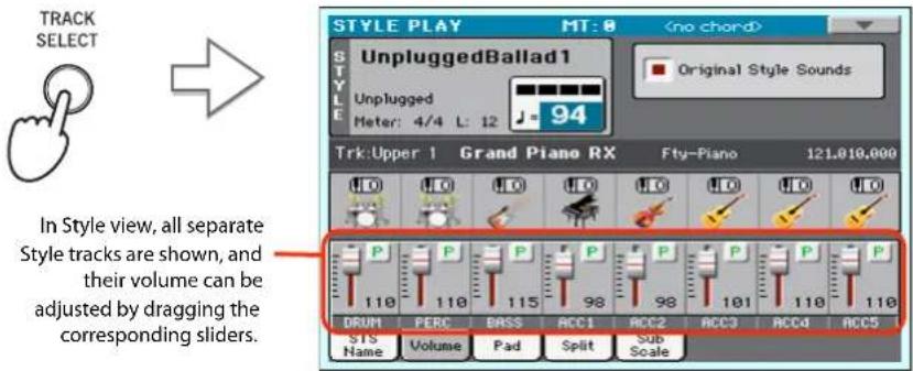 TRACK SELECT STYLE PLAY MT: 0 UnpluggedBallad1 Original Style Sounds Unplugged Meter: 4/4 L: 12 94 Trk:Upper 1 Grand Piano RX Fty-Piano 121.019.000 In Style view, all separate Style tracks are shown, and their volume can be adjusted by dragging the corresponding sliders. DRUM P P P P P P P P P 110 110 115 98 98 101 110 110 STS Name Volume Pad Split Sub Scale