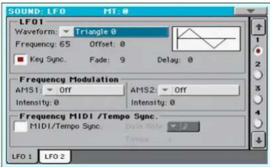 SOUND: LFO MT: 0 LFO1 Waveform: Triangle 0 Frequency: 65 Offset: 0 ■ Key Sync. Fade: 9 Delay: 0 Frequency Modulation AMS1: Off AMS2: Off Intensity: 0 Intensity: 0 Frequency MIDI /Tempo Sync. MIDI/Tempo Sync. Time: 1 LFO 1 LFO 2
