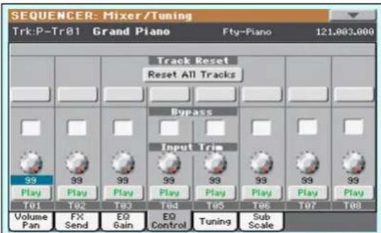 SEQUENCER: Mixer/Tuning Trk:P-Tr81 Grand Piano Fty-Piano 121,003,000 Track Reset Reset All Tracks Bypass Input Trim Play Play Play Play Play Play Play Play Play T01 T02 T03 T04 T05 T06 T07 T08 Volume Pan FX Send EQ Gain EQ Control Tuning Sub Scale