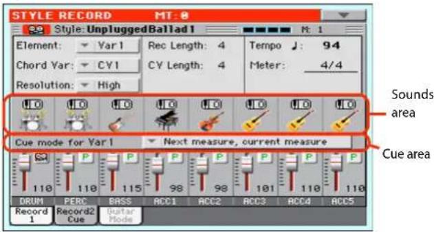 STYLE RECORD MT: 0 Style: UnpluggedBallad1 M: 1 Element: Var1 Rec Length: 4 Tempo J: 94 Chord Var: CV1 CV Length: 4 Meter: 4/4 Resolution: High Cue mode for Var1 Next measure, current measure DRUM PERC BASS ACC1 ACC2 ACC3 ACC4 ACC5 Record 1 Record2 Cue Guitar Mode Sounds area Cue area