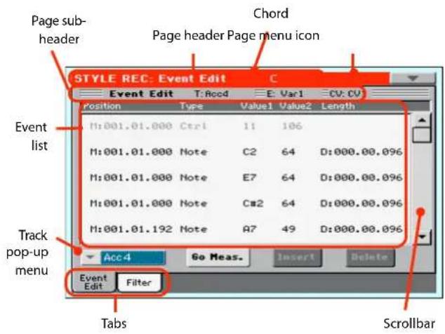 Page sub-header Chord Page header Page menu icon STYLE REC: Event Edit C Event Edit T:Acc4 E: Var1 CV: CV Position Type Value1 Value2 Length M:001.01.000 Ctrl 11 106 M:001.01.000 Note C2 64 D:000.00.096 M:001.01.000 Note E7 64 D:000.00.096 M:001.01.000 Note Cm2 64 D:000.00.096 M:001.01.192 Note A7 49 D:000.00.096 Track pop-up menu Acc4 Go Meas Insert Delete Event Edit Filter Tabs Scrollbar